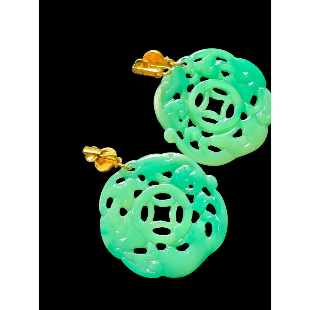 Vintage Kenneth Jay Lane KJL Carved Faux Peking Glass Lucite Statement Earrings